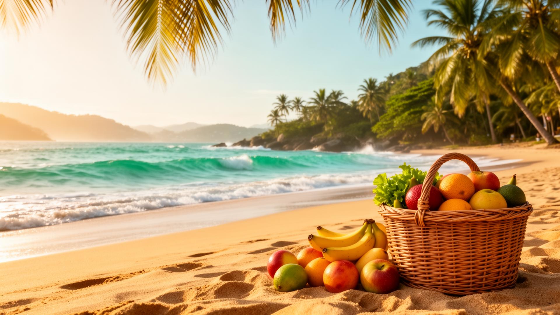 Praia da Barra da Lagoa com cesta de frutas